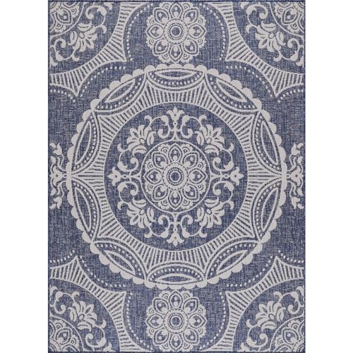 Medallion Outdoor Rug 9x12 Washable Outside Carpet for Indoor Patio Porch Waterproof Easy Cleaning Non Shedding Area Rugs Blue 9 x 12