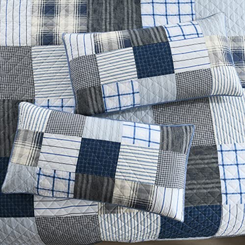 King Quilt Set Bedspread Reversible Plaid Grid Quilted Bedspread 3