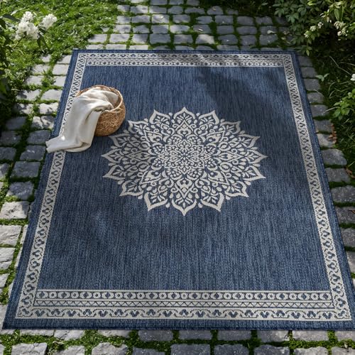 Outdoor Rug 9x12 Medallion Blue Modern Large Area Rugs for Indoor and Outdoor Patios Kitchen and Hallway Mats Washable Porch Deck Outside Carpet (108 Sq Ft)