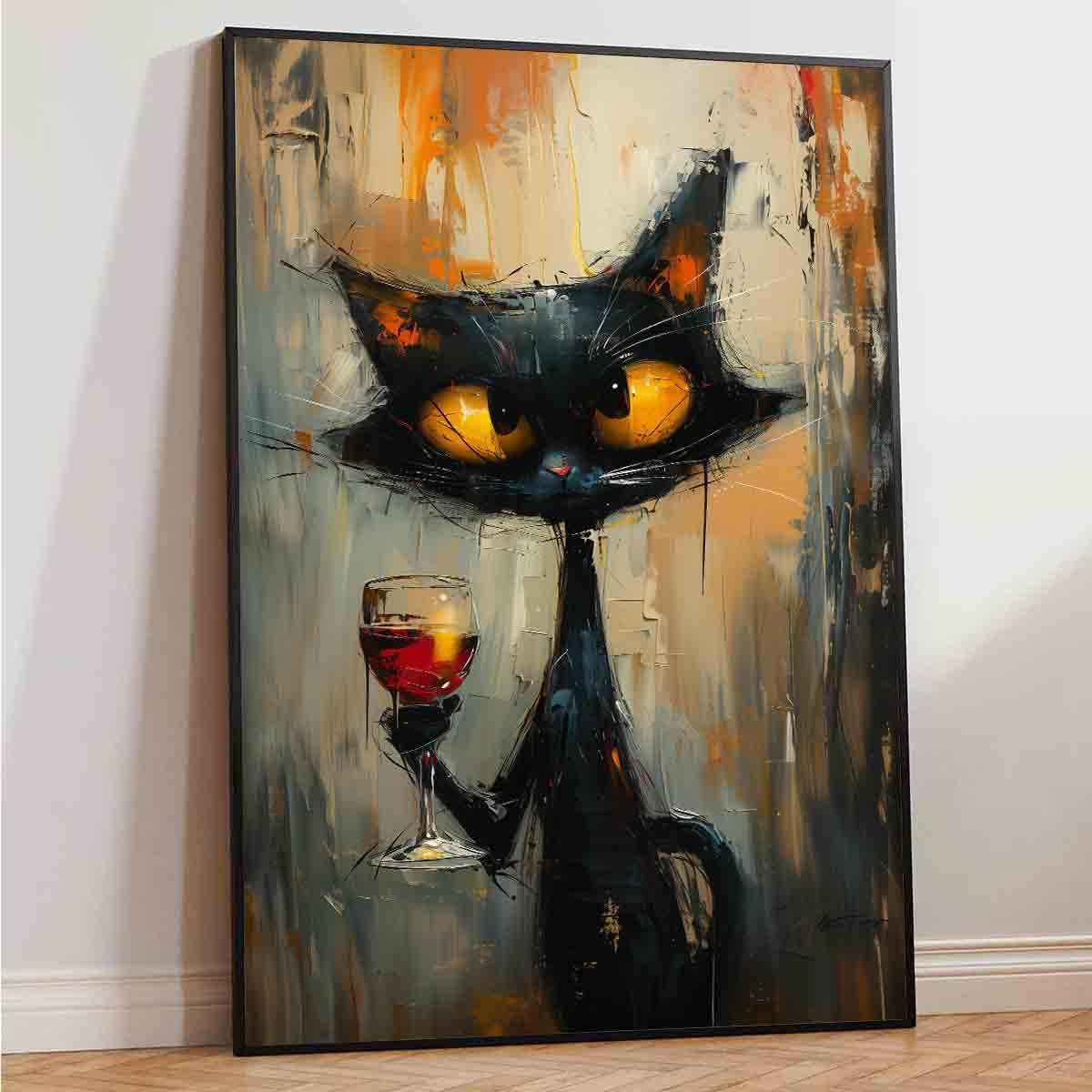 Funny Black Cat Wall Art Cute Black Cat Pictures Animal Abstract Painting Red Wine Wall Art Abstract Cat Cute Pictures Vintage Animal Pictures Funny Painting Living Room Decor 16x24inch No Frame