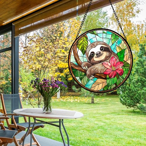 Stained Glass Window Hanging Sloth Flower Suncatcher Gifts for Women 6.3"