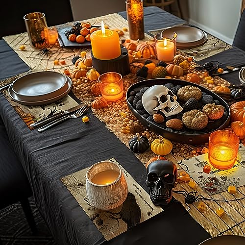 6 Pcs Halloween Placemats 12"x18" Gothic Bat Placemats Kitchen Decoration Washable Witch Place Mats Rectangle Skull Table Mats for Halloween Dining Table Accessories