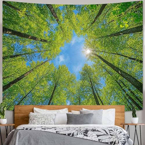 Nature Forest Tree Celling Tapestry Lush Green Treetops Sunlit Tapestry for Bedroom Aesthetic Sky Sunlight Canopy Leaves Landscape Tapestries Wall Hanging for Living Room Dorm Office 48 x 36 Inch