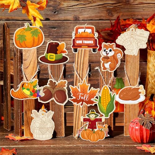 36PCS Wooden Thanksgiving Decoration Fall Ornaments to Paint Happy Thanksgiving Crafts Cutouts Unfinished (36 Count)