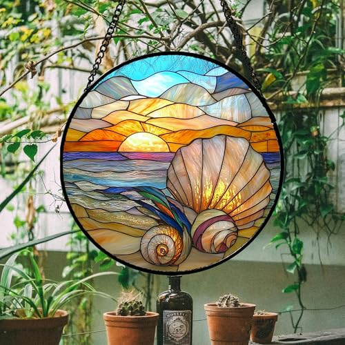 Ocean Stained Glass Window Hanging Suncatcher Beach Gifts for Women 9.8"