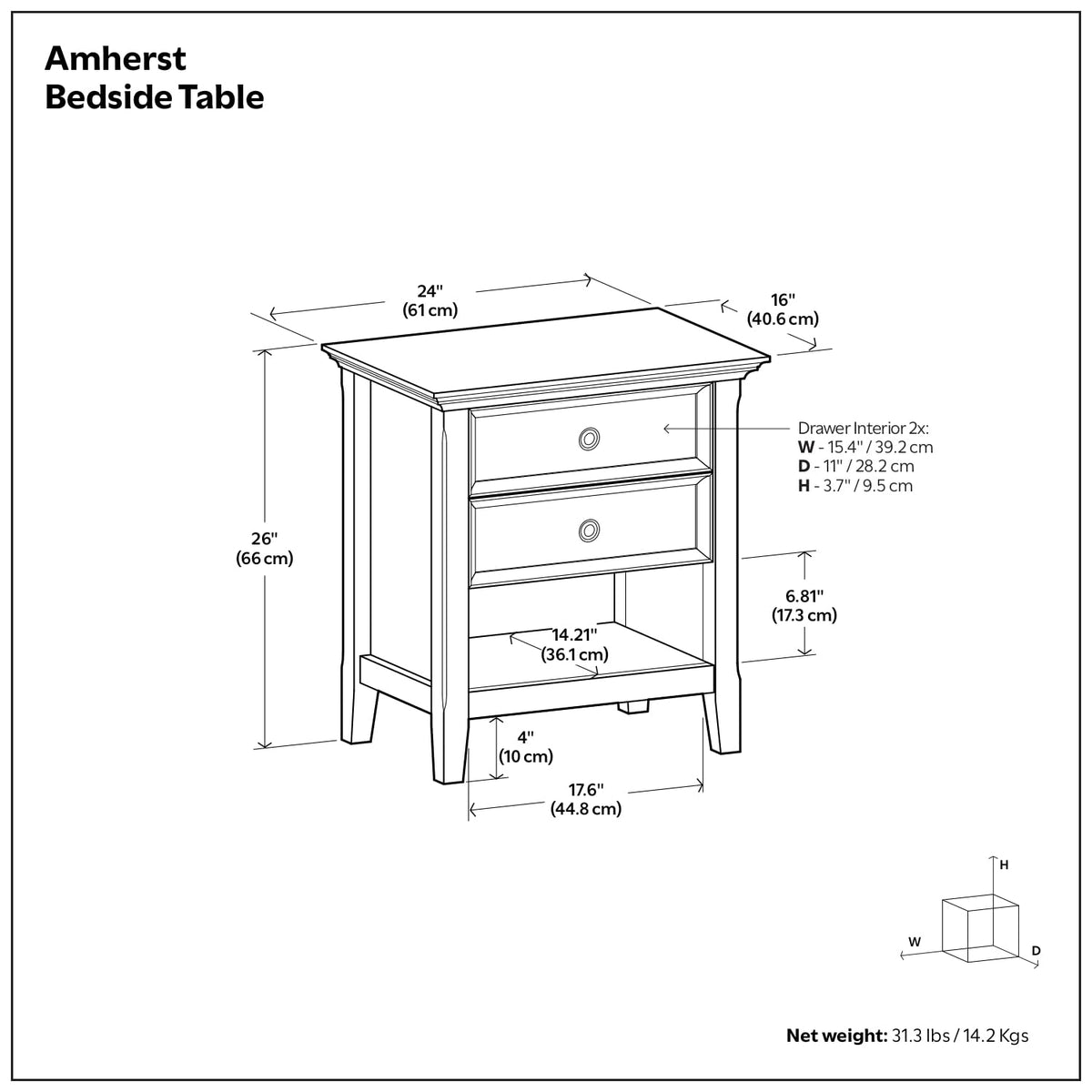 Amherst 24" Wide Solid Wood Bedside Table in Hickory Brown