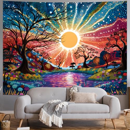 Tree of Life Tapestry Trippy Sun Forest Tapestries Colorful Starry Sky Tapestries Hippie Nature Landscape Wall Tapestry Aesthetic Vintage Wall Hanging for Living Room Bedroom