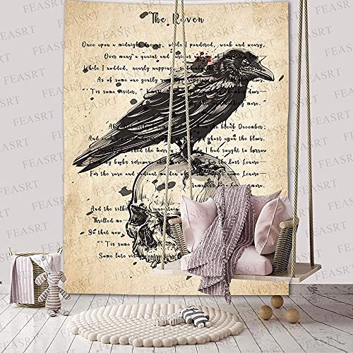 Raven Tapestry Edgar Allan Poe Poem Tapestry Gothic Skull Dictionary Tapestries Wall Hanging Background 60x80 Inches Living Room Bedroom Home Dorm