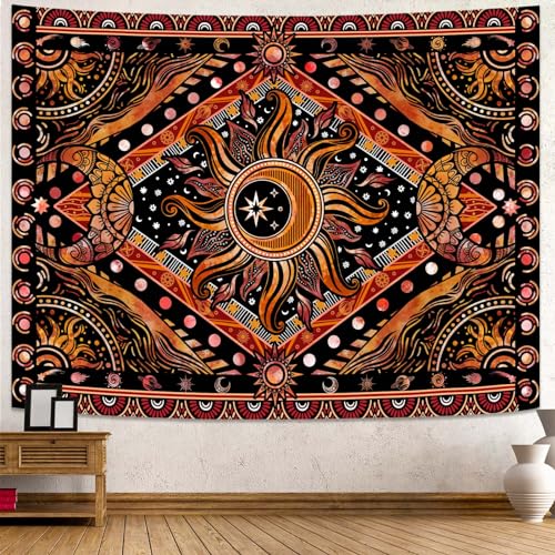 Hippie Sun and Moon Tapestry Bohemian Celestial Tapestry Aesthetic Tapestries for Bedroom and Living Room Decor Sun and Moon 60×80 Inches