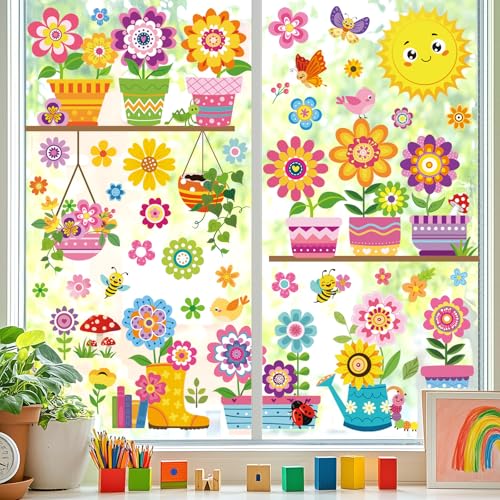 Window Clings Kids Colorful Garden Flower Reusable Windows Decals