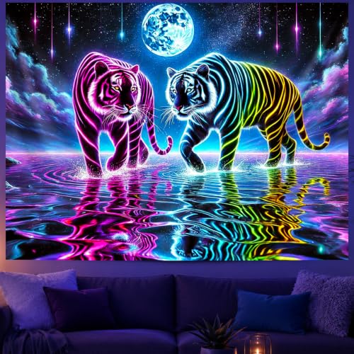 Psychedelic Blacklight Tapestry Banner 79x59 Inch Neon Tapestry Tiger Cosmic Moon Water Reflection Art Aesthetic Bohemian Glow In The Dark Decor Wall Hanging Trippy Vibrant Black Light Tapestries