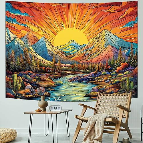 Boho Sun Mountain Tapestry Trippy Forest Tree Tapestries Vintage Aesthetic Plant Magical River Wall Tapestry Nature Landscape Wall Hanging for Bedroom Living Room