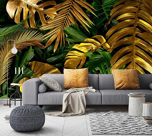 Gold and Green Tropical Jungle Palm Leaf Mural Wallpaper for Bedroom
