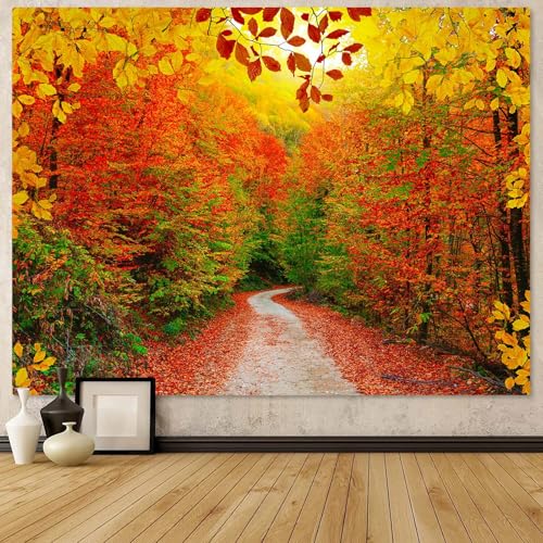 Autumn Forest Tapestry Nature Fall Tree Thanksgiving Tapestry for Bedroom Aesthetic Autumn Path Yellow Red Fallen Leaves Landscape Tapestries Wall Hanging for Living Room Dorm 80 x 60 Inch