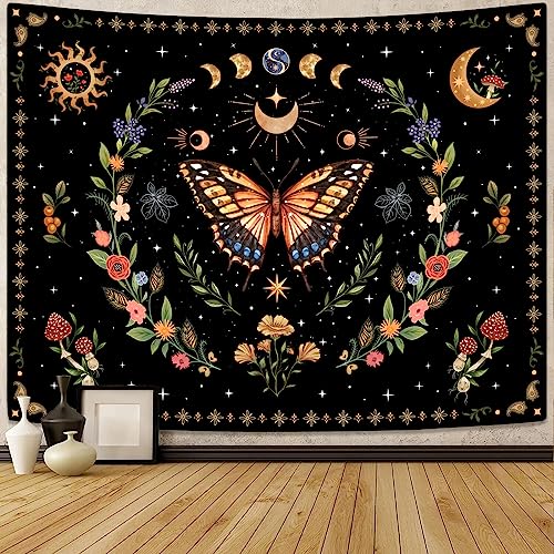 Boho Butterfly Tapestry Flower Moon Wall Tapestry