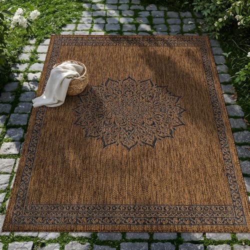 Outdoor Rug 8x10 Medallion Gold Modern Area Rugs for Indoor and Outdoor Patios Kitchen and Hallway Mats Washable Porch Deck Outside Carpet (80 Sq Ft)