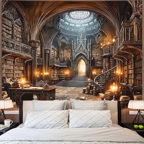 Gothic Library Tapestry Medieval Bookshelf Tapestries Wall Hanging Goth Vintage Dark Academia Hall Library Backdrop Extra Large Tapestry for Bedroom Living Room Dorm Classroom 90 x 68 inch