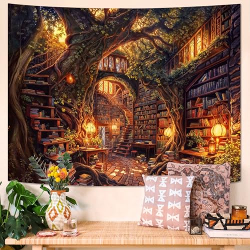 Forest Library Tapestry Tree Bookshelf Tapestries Wall Hanging Vintage Fantasy Fairy Treehouse Book Large Tapestry for Bedroom Living Room Dorm Classroom 60 x 44 inch