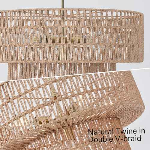 23.62" 6 Light Boho Chandelier Rattan Light Fixture Hand Woven Farmhouse Chandelier for Dining Room Ceiling Hanging Pendant Light for Kitchen Island Lighting
