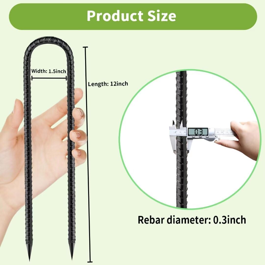 Rebar-Stakes-12-Inch, Ground Stakes Heavy Duty U-Hook Black Coated Anti-Rust Heavy Duty Ground Anchors for Garden Dog Fence Chicken Coop Christmas Decorations Deer Fence 12pcs - HavenBliss Decor