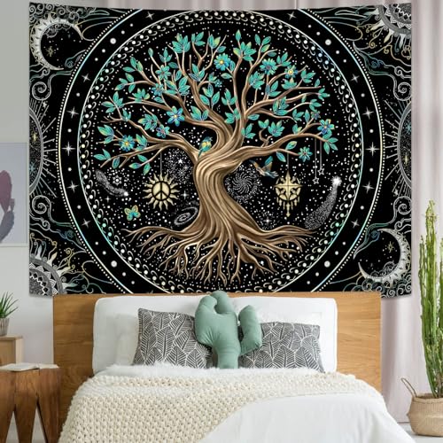 Tree of Life Tapastry Butterfly Moon Tapastry Flower Green Tree Tapestries Mandala Wall Hanging for Bedroom and Living Room Decor 70×90 Inches