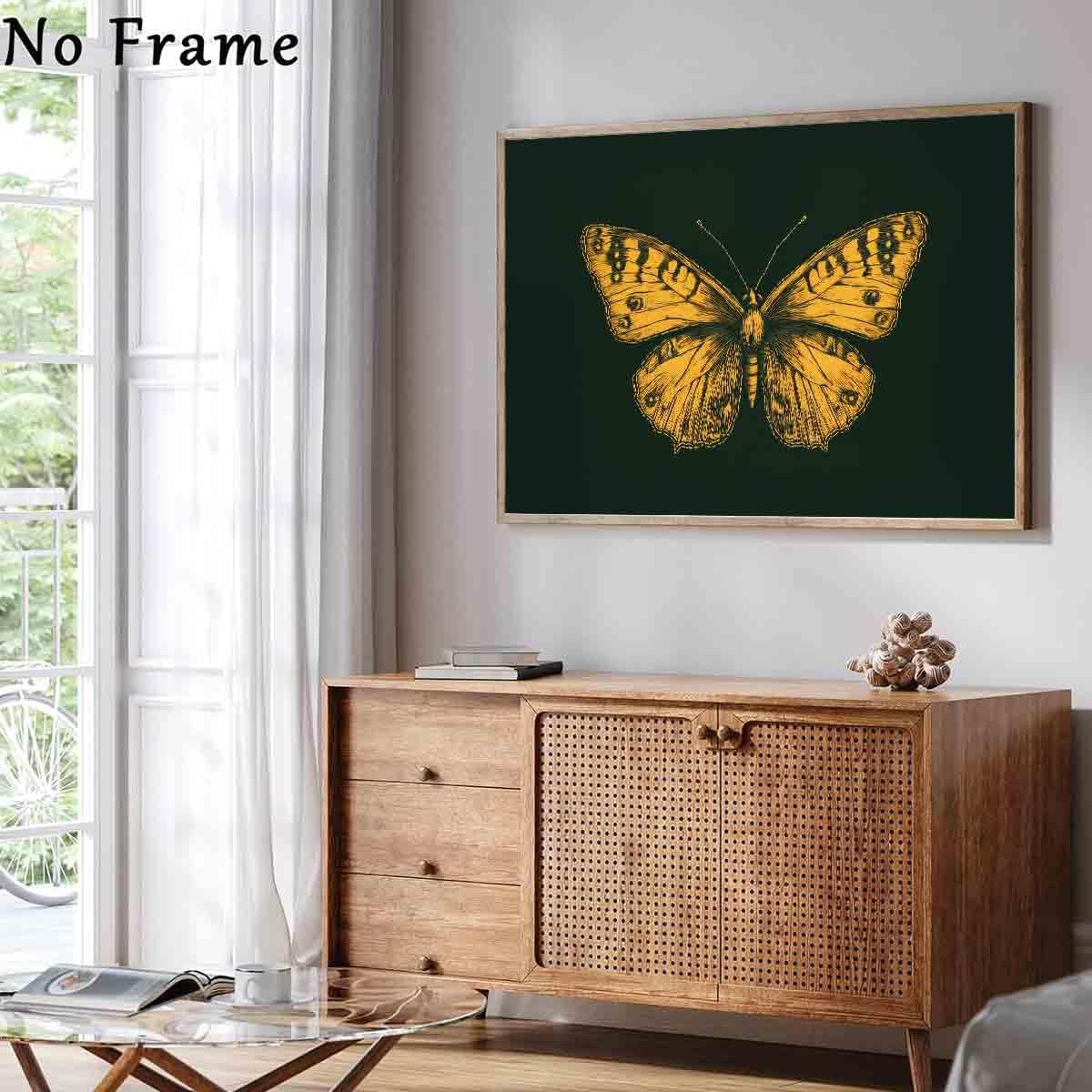 Gold Butterfly Paintings Green Gold Abstract Wall Art Moody Insect Artwork Vintage Butterfly Pictures Abstract Moody Animal Prints Wild Animals Painting Living Room Decor 16x24inch No Frame