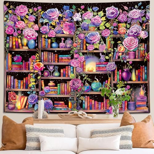 Bookshelf Pink and Purple Flower Tapestry Colorful Plants Tapestries for Bedroom Aesthetic Floral Wall Hanging Cute Girl Bedroom Decor