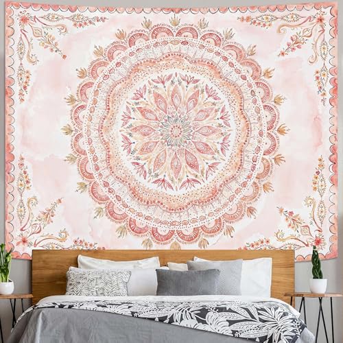 Boho Floral Mandala Tapestry Wall Hanging Pink Bohemian Flower Medallion Tapestry Aesthetic Watercolor Hippie Indian Extra Large Tapestries for Bedroom Living Room Dorm Decor 90 x 68 Inch