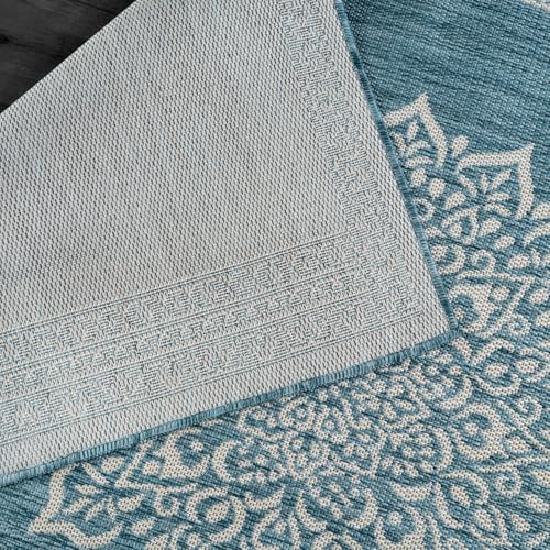 Outdoor Rug 10x14 Medallion Aqua Modern Large Area Rugs for Indoor and Outdoor Patios Kitchen and Hallway Mats Washable Porch Deck Outside Carpet (140 Sq Ft)
