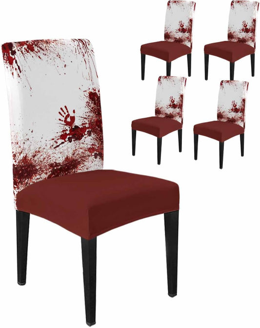 4 Pcs Dining Chair Covers Stretch Spandex Slipcovers Halloween Horror Bloody Handprint Removable Washable Dining Room Seat Cover Cushion Protector for Home Hotel Banquet Decor Red Blood White