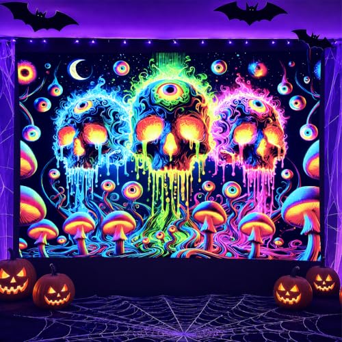 Blacklight Tapestry Skull Cosmic Room Wall Art 78 x 59 Inch