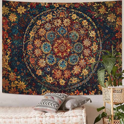 Boho Floral Mandala Tapestry Wall Hanging Vintage Bohemian Flower Medallion Tapestry Aesthetic Orange Stained Glass Hippie Extra Large Tapestries for Bedroom Living Room Dorm Decor 90 x 68 Inch