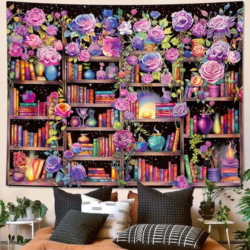 Bookshelf Pink and Purple Flower Tapestry Colorful Plants Tapestries for Bedroom Aesthetic Floral Wall Hanging Cute Girl Bedroom Decor