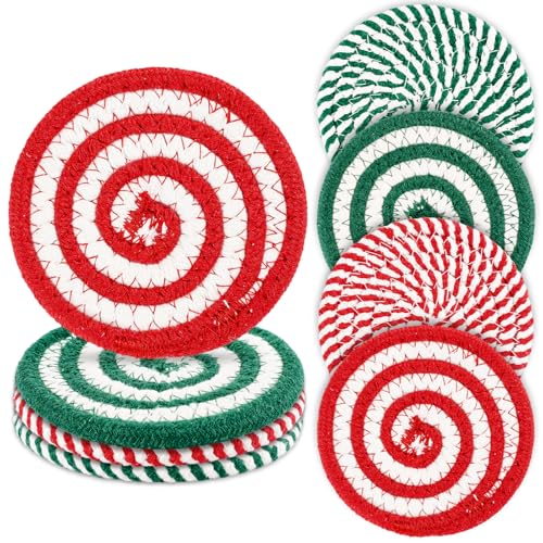 Christmas Cotton Coasters Red Green Peppermint Candy Handmade Braided Drink Coasters Absorbent Cup Mats for Xmas Holiday Party Home Table Decor (4 Count)