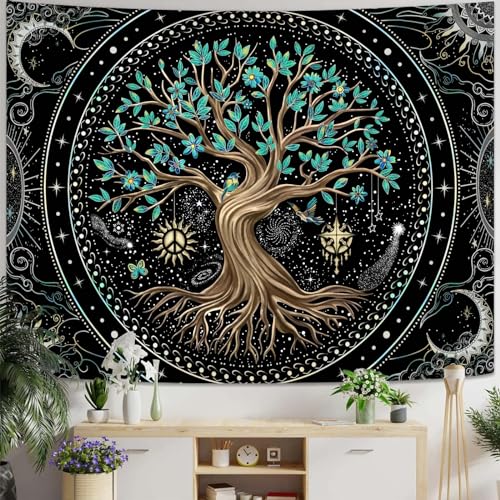 Tree of Life Tapastry Butterfly Moon Tapastry Flower Green Tree Tapestries Mandala Wall Hanging for Bedroom and Living Room Decor 60×80 Inches
