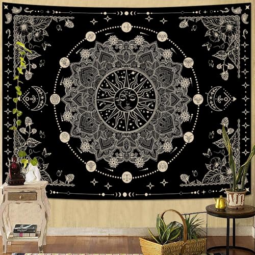 Sun and Moon Mandala Tapestry Boho Tapestry for Bedroom Black and White Tapestries Wall Hanging Living Room Wall Art and Home Decor 70x90