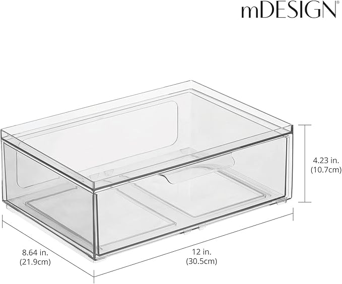 mDesign Plastic Wide Stackable Closet Storage Organizer Bin Containers with Front Pull Drawer for Cabinet, Desk, Shelf, Cupboard, or Dresser Organization, Lumiere Collection, 2 Pack - Clear
