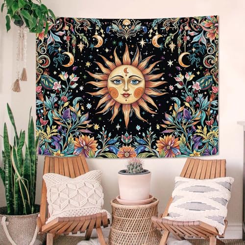 Sun and Moon Tapestry Hippie Boho Floral Wall Tapestry for Bedroom Aesthetic Colorful Flowers Vintage Celestial Botanical Plant Small Tapestries Wall Hanging for Living Room Dorm 48 x 36 Inch