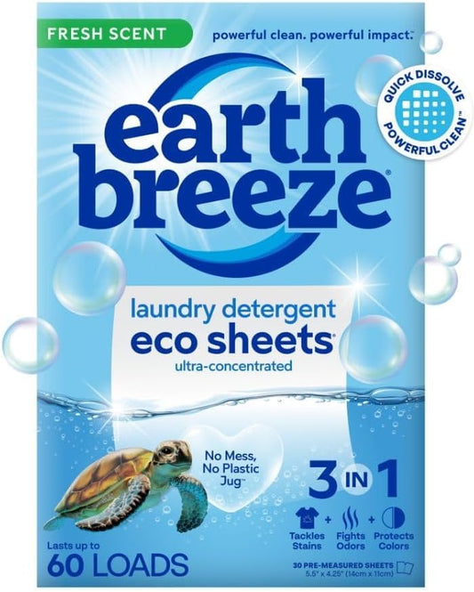 Earth Breeze Laundry Detergent Sheets Fresh Scent - 60 Loads Eco Liquidless Soap - Travel-Friendly for Hot & Cold Cycles, Tackles Tough Stains & Odors - Gentle on Skin, 30 Ct - HavenBliss Decor