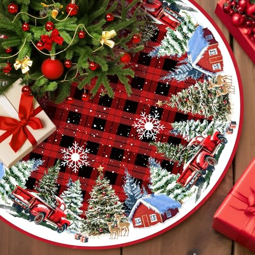 Christmas Tree Skirt 48 Inches Red Xmas Soft Cover Mat Decor Retro Xmas Tree Skirt for New Year Holiday Ornaments Indoor Outdoor Decorations