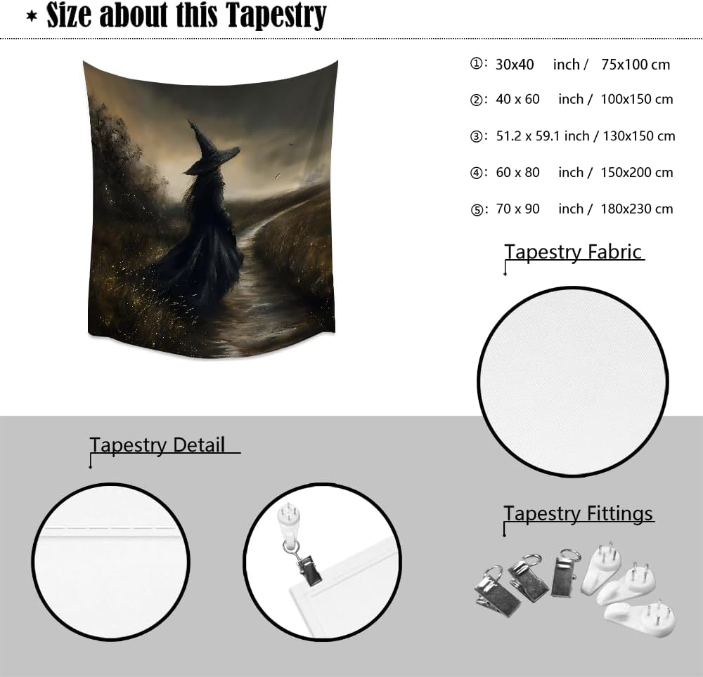Mystic Gothic Tapestry Witchy Halloween Decor Vintage Dark Academia Bedroom Tapestries Retro Art Aesthetic Wall Tapestry for Bedroom Dorm Living Room white