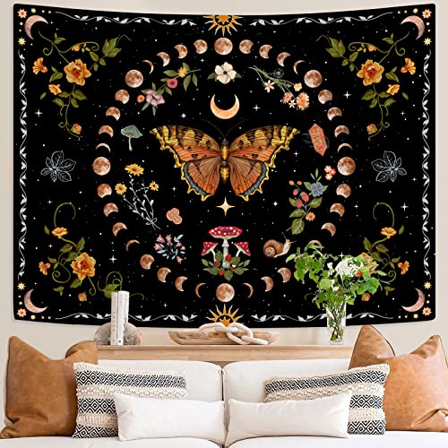 Orange Butterfly Moon Flower Tapestry Botanical Floral Plant Boho Tapestry for Bedroom Aesthetic Vintage Tapestries Wall Hanging for Living Room Dorm