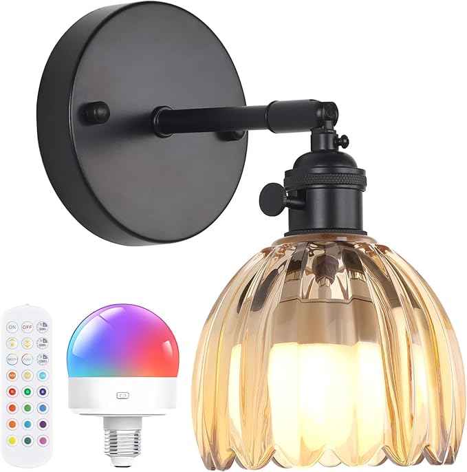 Vintage Battery Operated Wall Sconce with Amber Tulip Glass Lampshade Rechargeable Battery Powered Black Wall Light with Remote Control for Bedside Bedroom Doorway