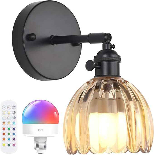 Vintage Battery Operated Wall Sconce with Amber Tulip Glass Lampshade Rechargeable Battery Powered Black Wall Light with Remote Control for Bedside Bedroom Doorway