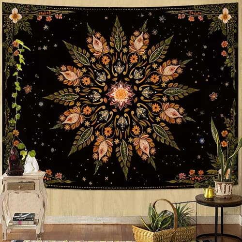 Boho Floral Mandala Tapestry for Bedroom Aesthetic Vintage Bohemian Flower Wall Tapestry Black Green Hippie Indian Small Tapestries Wall Hanging for Living Room Dorm Decor 48 x 36 Inch