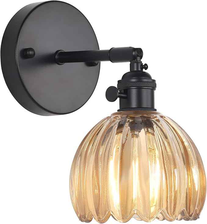 Vintage Wall Sconce with Amber Tulip Glass Lampshade 180 Degree Adjustable Black Sconce Hradwired Modern Wall Lighting Fixture with Switch for Bedside Bedroom Doorway