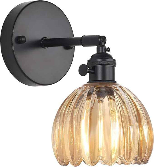 Vintage Wall Sconce with Amber Tulip Glass Lampshade 180 Degree Adjustable Black Sconce Hradwired Modern Wall Lighting Fixture with Switch for Bedside Bedroom Doorway