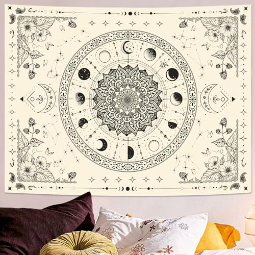 Mandala Moon Tapestry Boho Tapestry for Bedroom Black and White Tapestries Wall Hanging Living Room Wall Art and Home Decor 44x60