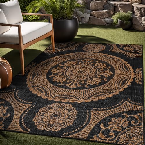 Medallion Outdoor Rug 9x12 Washable Outside Carpet for Indoor Patio Porch Waterproof Easy Cleaning Non Shedding Area Rugs Nut Brown 9 x 12