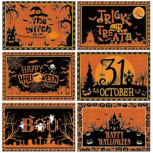 6 Pcs Halloween Placemats 12"x18" Gothic Bat Placemats Kitchen Decoration Washable Witch Place Mats Rectangle Skull Table Mats for Halloween Dining Table Accessories